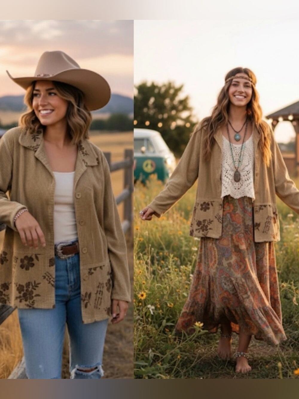 Vintage Lagenlook Tan Floral Embroidered Corduroy Jacket Size 16/XL
